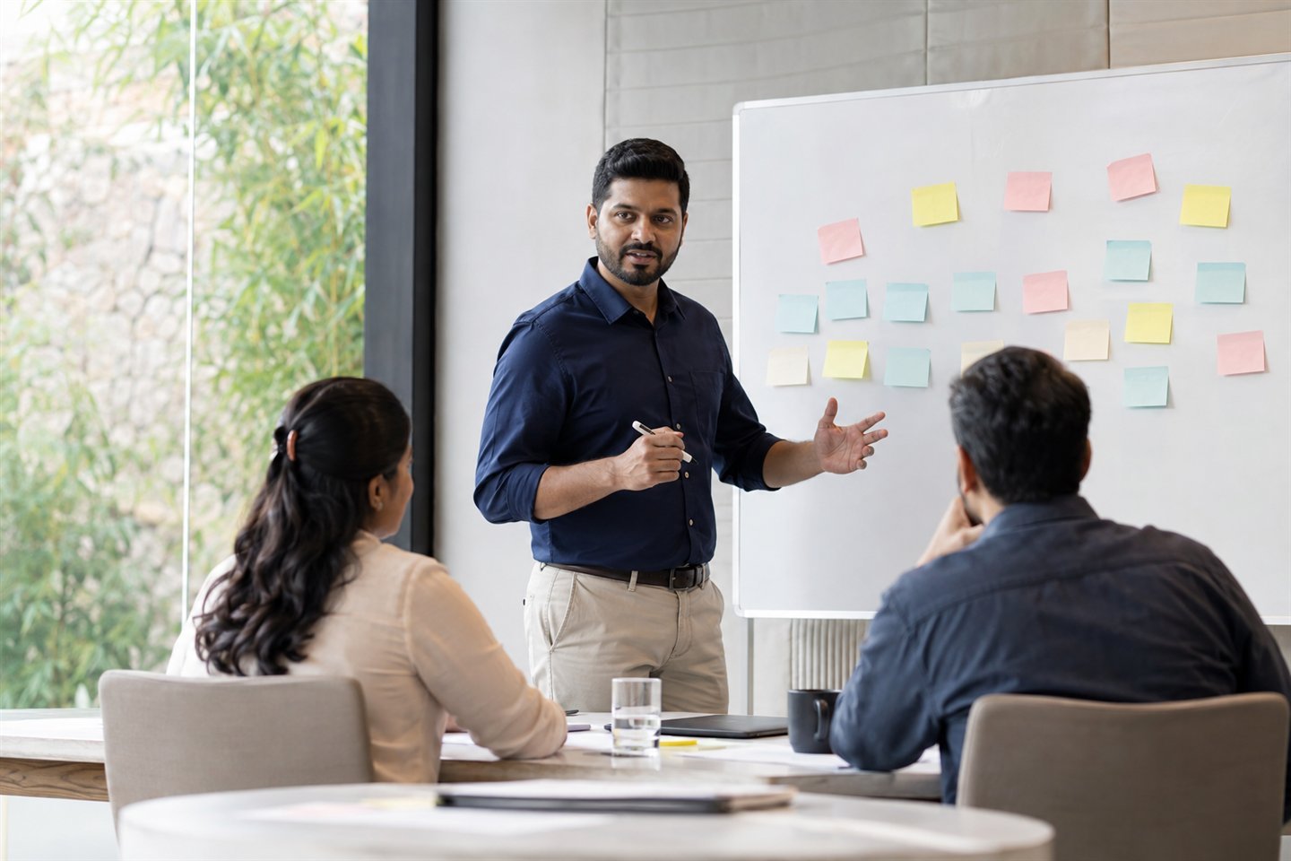 Strategy facilitator organising priorities with colleagues