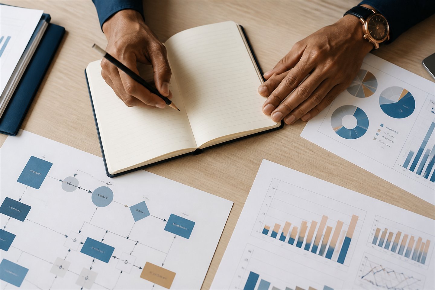 Hands arranging plans and priorities on a consulting desk